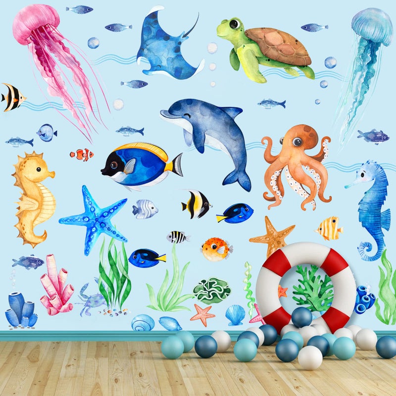 Sinekong 4 Sheets Ocean Fish Wall Decals Stickers Under The Sea Wall Decal Stickers Removable Sea Life Marine Animal Sticker Underwater Ocean Creatures Wall Decor for Kids Girls Boy Nursery Bedroom Bathroom - Image 1